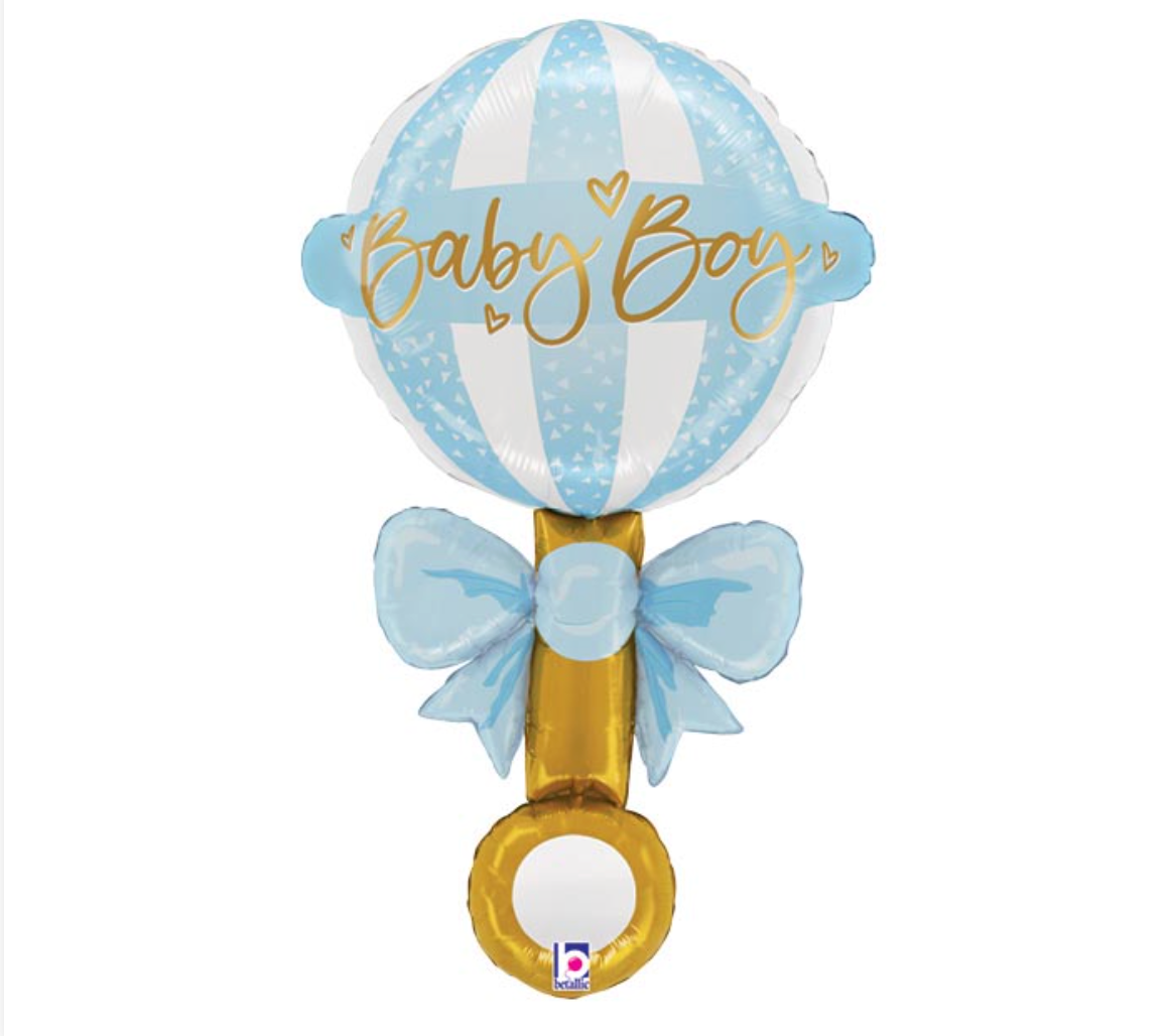 Baby Boy Bow Rattle 35 inch foil balloon Betallic – large blue rattle baby shower helium balloon