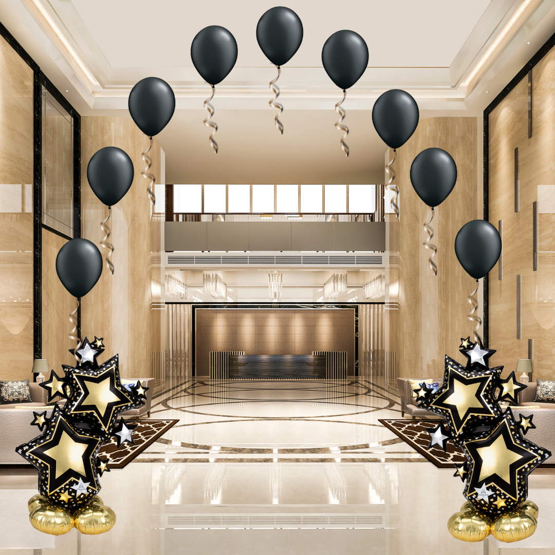Airloonz Giant Elegant Black and Gold Star Cluster Balloon Display double entrance SOP arch
