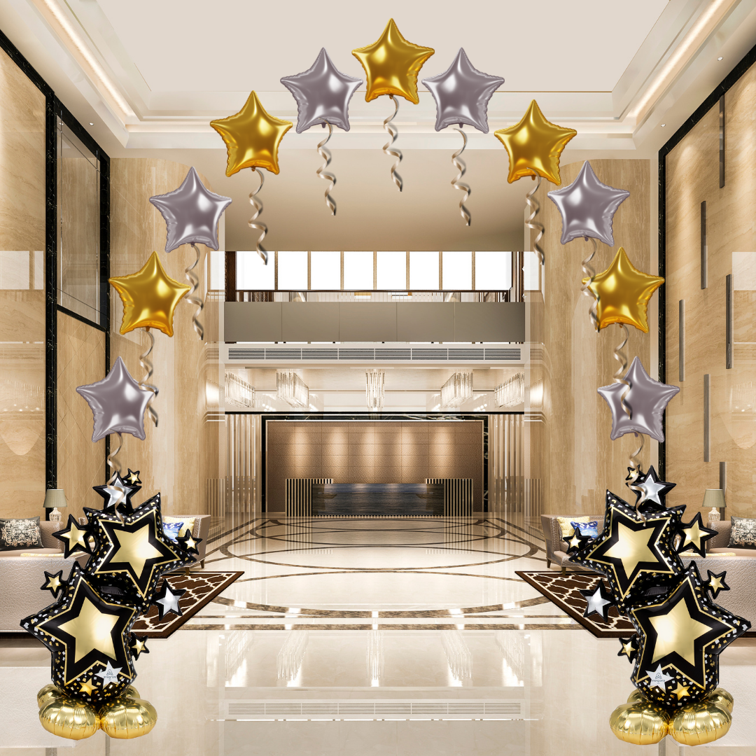 Airloonz Giant Elegant Black and Gold Star Cluster Balloon Display double entrance SOP foil arch
