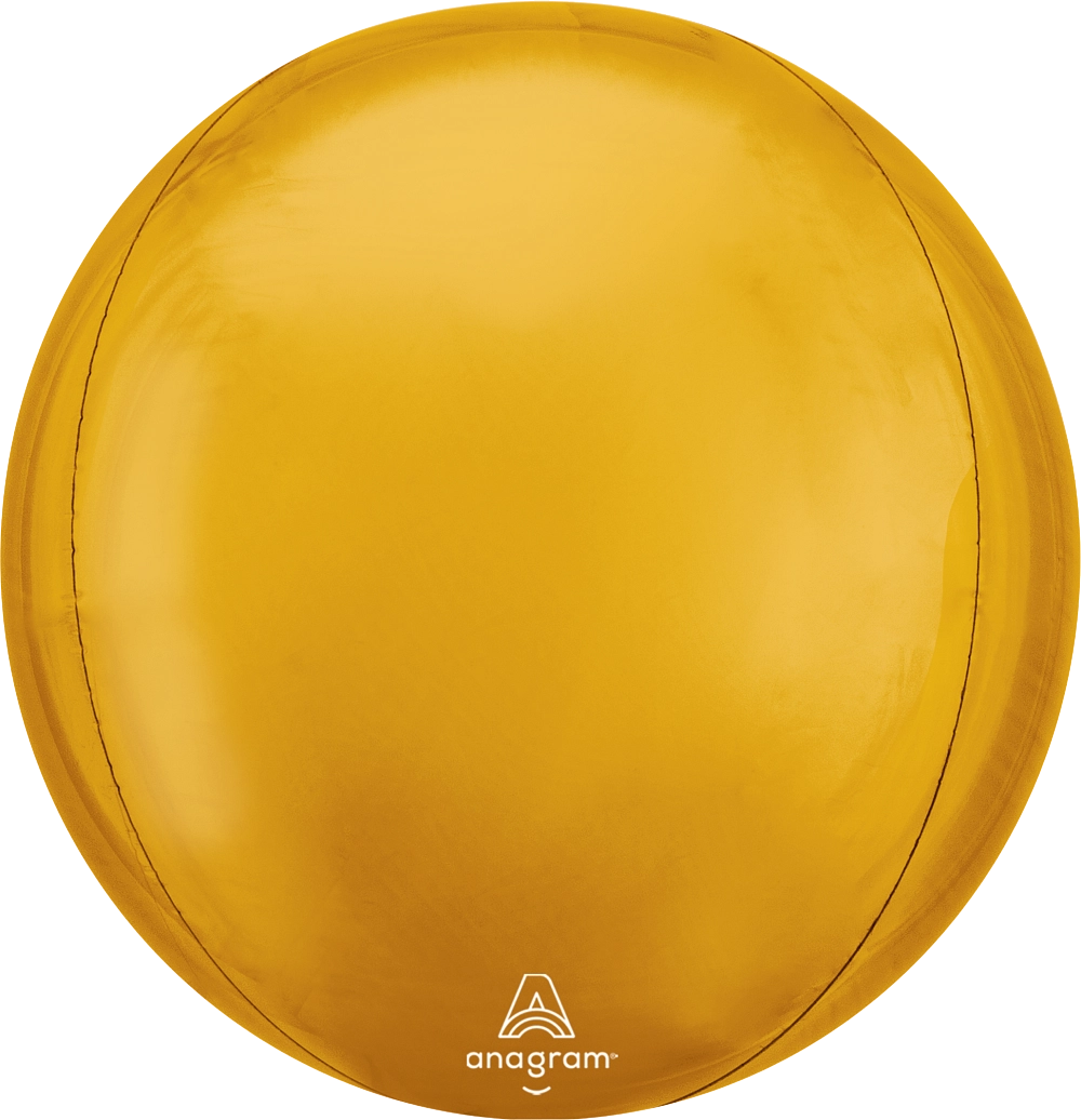 15 inch yellow gold Solid Orbz foil balloon with coordinating ribbon