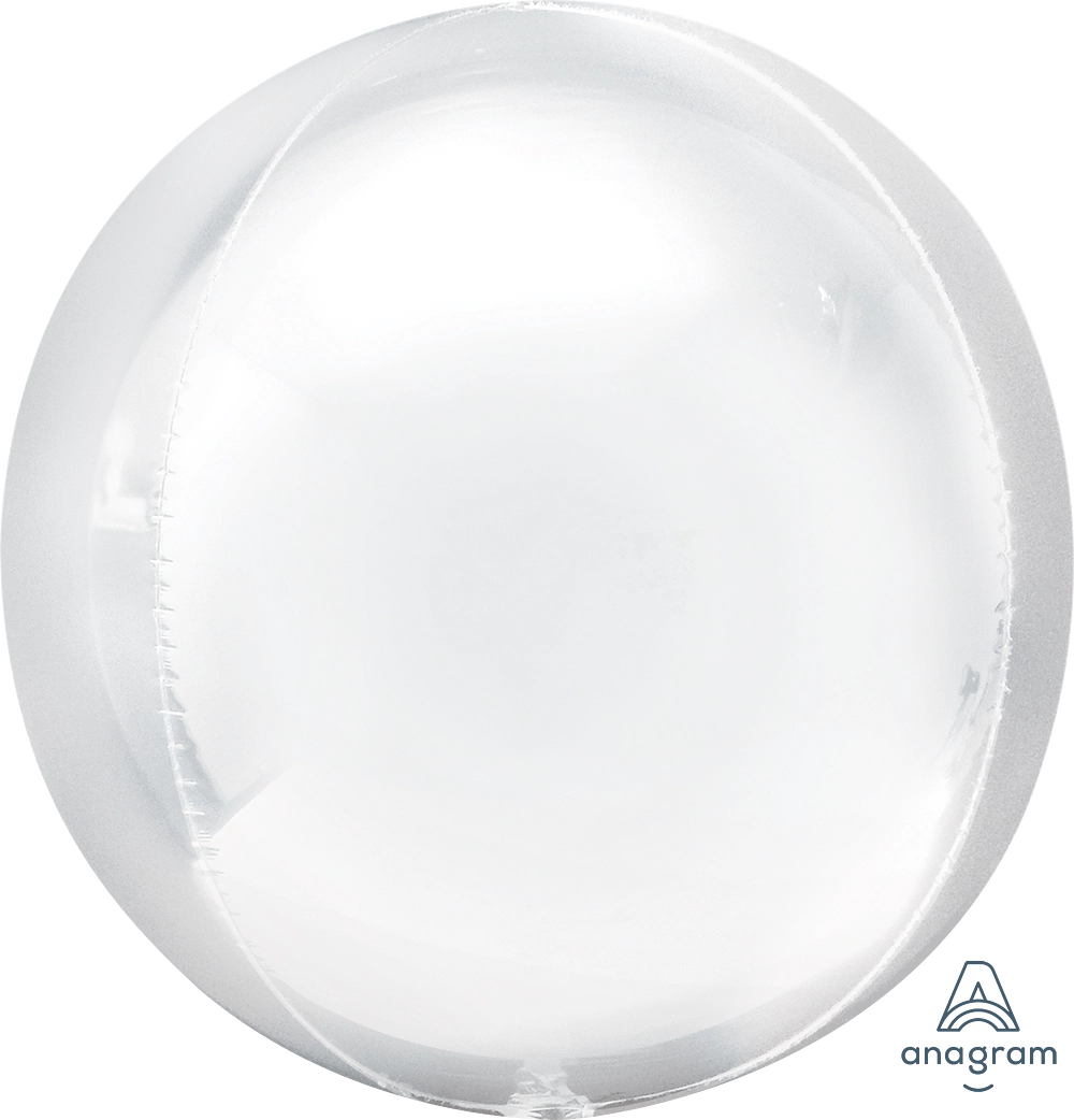 15 inch white Solid Orbz foil balloon by Anagram with coordinating ribbon