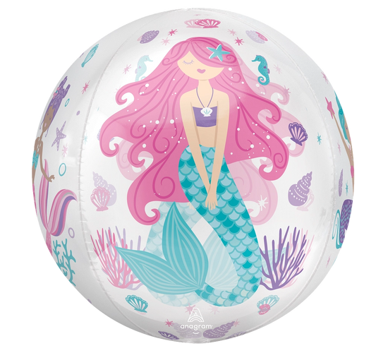 A round clear plastic balloon printed with a cute mermaid illustration. The mermaid has long pink hair, a purple top, and a teal-blue tail, surrounded by sea plants, shells, and seahorses on a white background.
