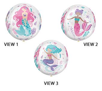 Three ORBZ shimmering mermaid clear film balloons with different views showing mermaid and sea life illustrations.