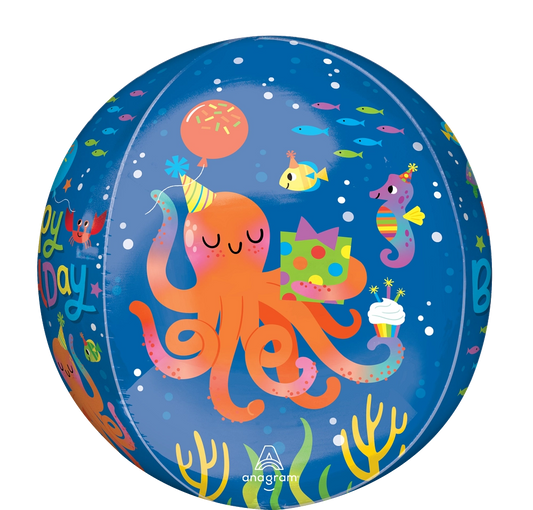 15 inch cute octopus birthday Orbz foil balloon with coordinating ribbon