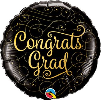 Congrats Grad Black and Gold Script Doodles 18" Foil Balloon