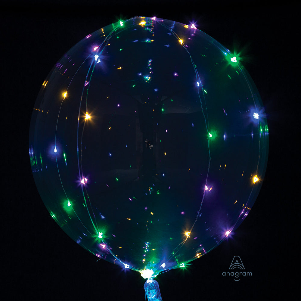 18" multicolored Crystal Clearz LED balloon with helium and ribbon. Colorful, glowing balloon décor for birthdays, parties and Charleston celebrations.