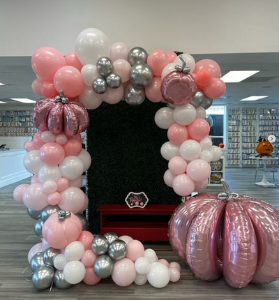 Foil balloon Pink Pumpkin Set makes for fun and easy fall or halloween decor. Add to one of our garlands to make a whimsical backdrop, or decorate a corner for a party.