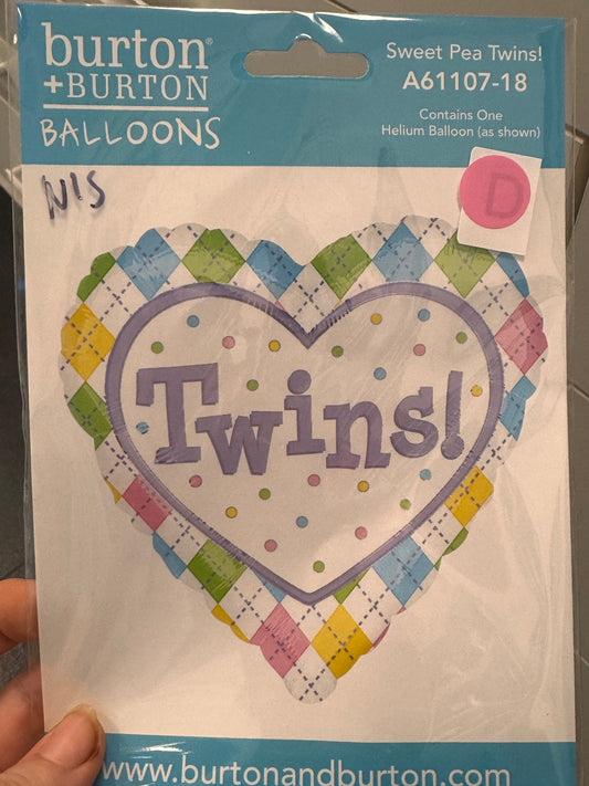 Sweet Pea Twins plaid heart 18 inch foil balloon Burton and Burton – twin baby shower helium balloon