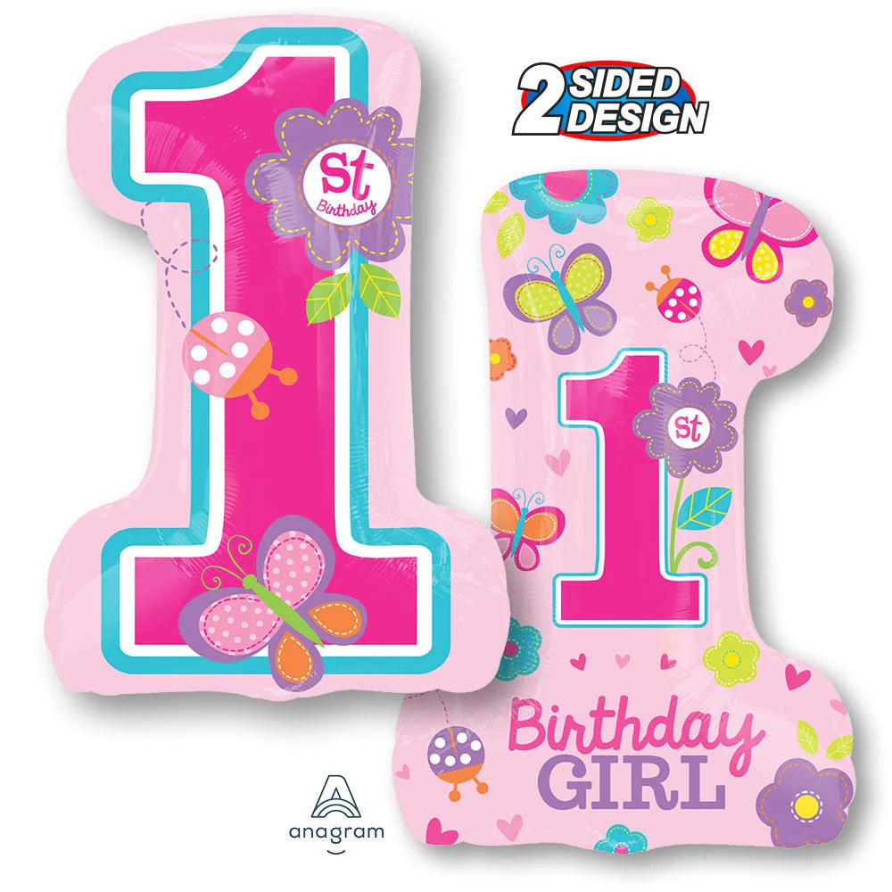 Birthday Girl 1st Birthday Butterflies Number One 28" Foil Balloon