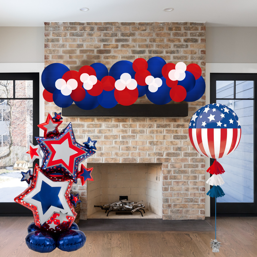 Decorative balloons with American flag design in a living room.