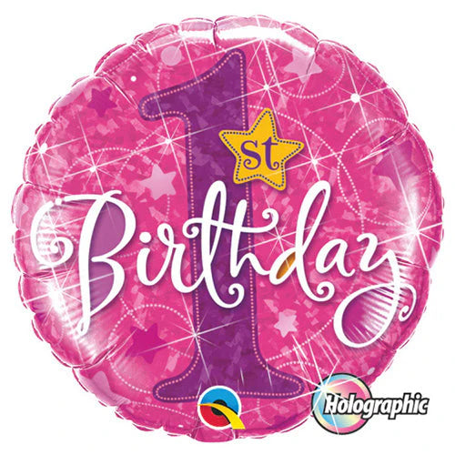 1st Birthday Holographic Pink 18" Foil Balloon