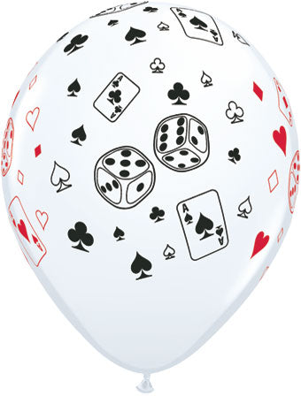 product image of 11 inch latex balloon with a print of dice and cards for casino night