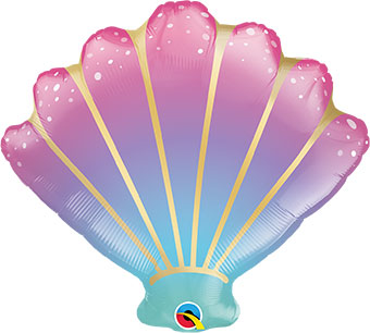 ocean shell foil balloon with printed pastel rainbow colors