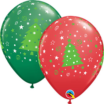 product image of 11 inch latex balloon with a print of christmas trees