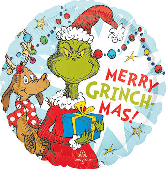merry grinchmas foil balloon with printed dr. suess grinch and max