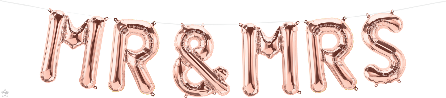 Non-floating, Rose Gold Mr and Mrs Hanging Balloon Set