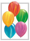 product image of 11 inch latex balloon with a marble print of red, orange, yellow, greens, blues, purple, pink