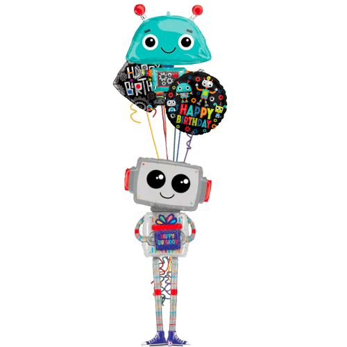 Happy Birthday Robot Trio Bouquet (4 Balloons)