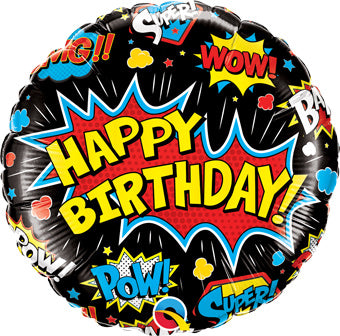 White or Black Happy Birthday Super Hero Pow! Wow! (18 Inch)