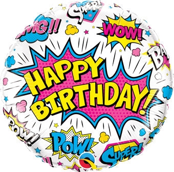 White or Black Happy Birthday Super Hero Pow! Wow! (18 Inch)