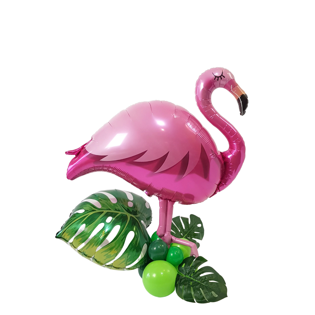 Tropical flamingo on latex floor base display. Includes faux tropical palm fronds and a fern leaf balloon.